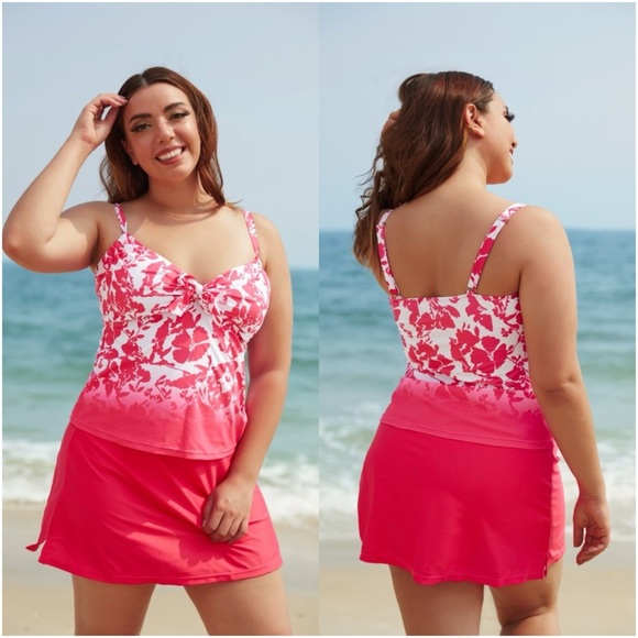 SWIMSUITS FOR ALL Flower Ruched Sweetheart Neckline Side Slit Skirt Tankini Set - Picture 1 of 8